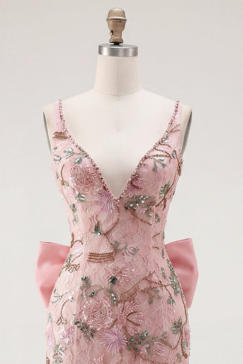 Load image into Gallery viewer, Sparkly Pink Floral Tight Beaded Short V-Neck Birthday Party Dress with Bow
