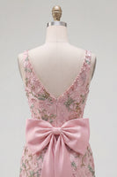 Load image into Gallery viewer, Sparkly Pink Floral Tight Beaded Short V-Neck Birthday Party Dress with Bow