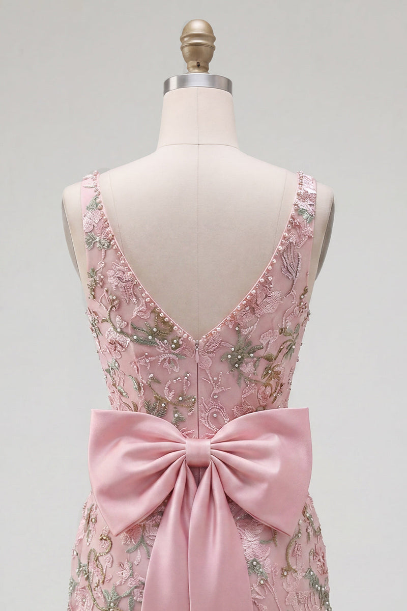 Load image into Gallery viewer, Sparkly Pink Floral Tight Beaded Short V-Neck Birthday Party Dress with Bow