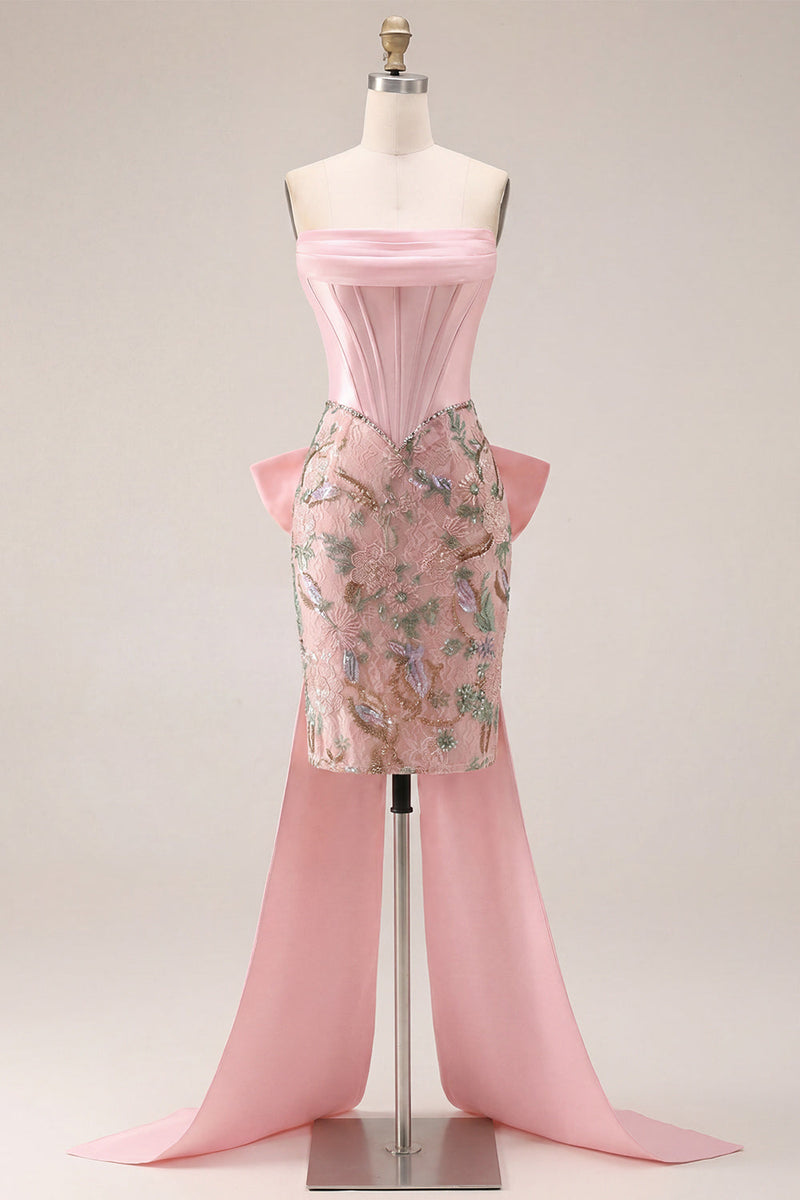 Load image into Gallery viewer, Sparkly Pink Floral Corset Beaded Tight Short Birthday Party Dress with Bow