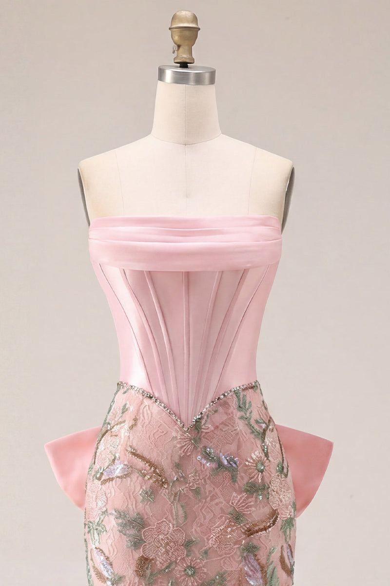 Load image into Gallery viewer, Sparkly Pink Floral Corset Beaded Tight Short Birthday Party Dress with Bow