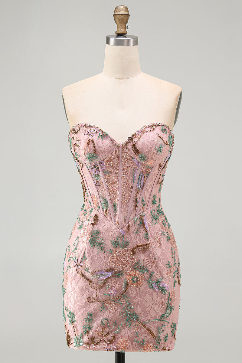 Load image into Gallery viewer, Corset Tight Short Sparkly Beaded Pink Floral Birthday Party Dress
