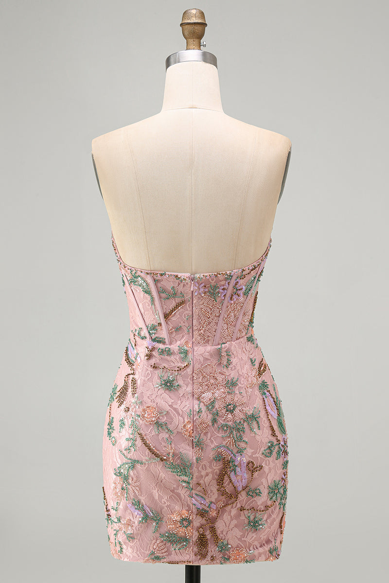 Load image into Gallery viewer, Corset Tight Short Sparkly Beaded Pink Floral Birthday Party Dress