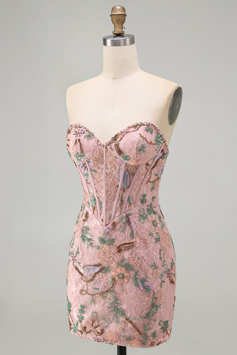 Load image into Gallery viewer, Corset Tight Short Sparkly Beaded Pink Floral Birthday Party Dress