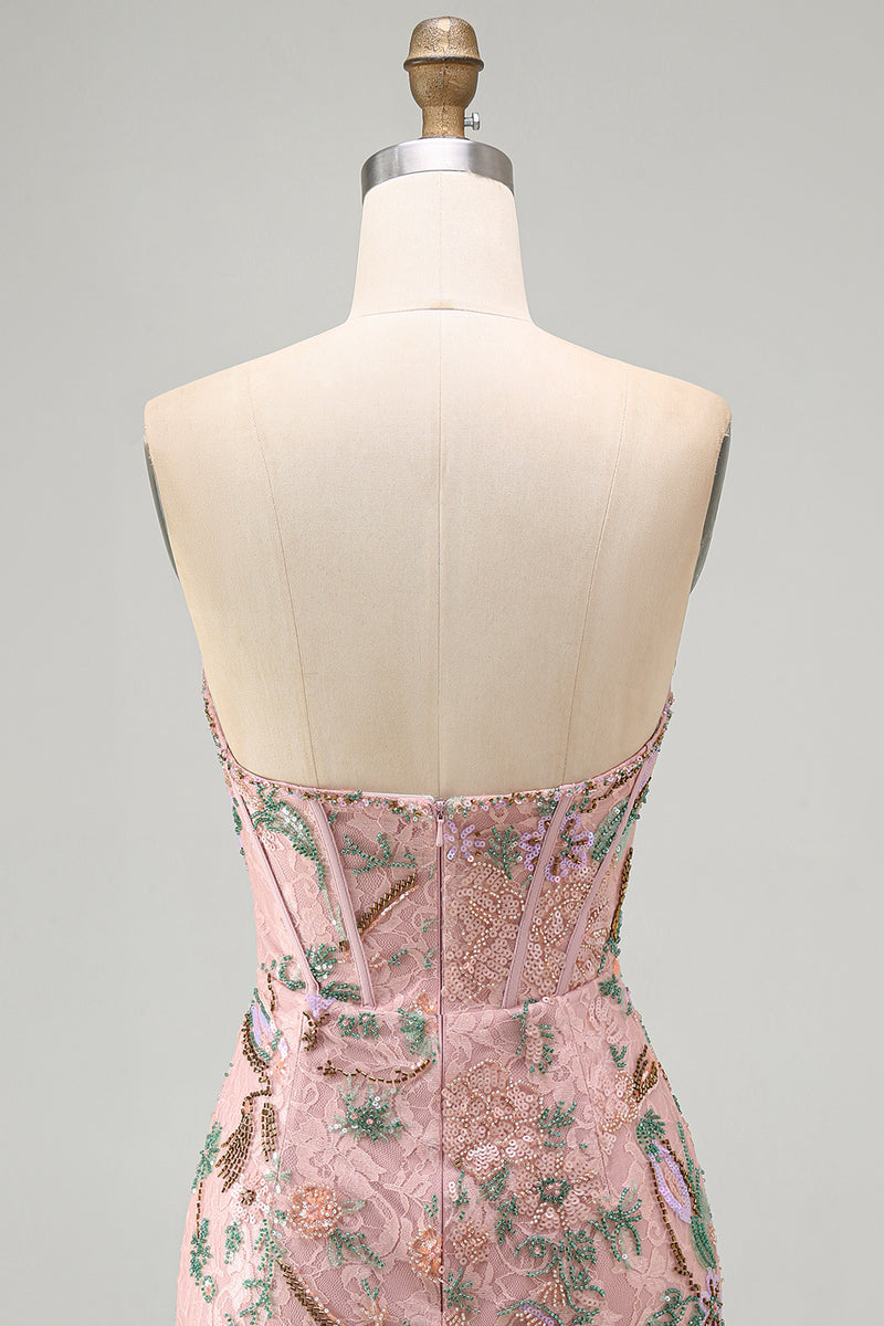 Load image into Gallery viewer, Corset Tight Short Sparkly Beaded Pink Floral Birthday Party Dress