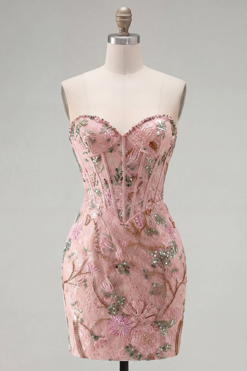 Load image into Gallery viewer, Corset Tight Short Sparkly Beaded Pink Floral Birthday Party Dress