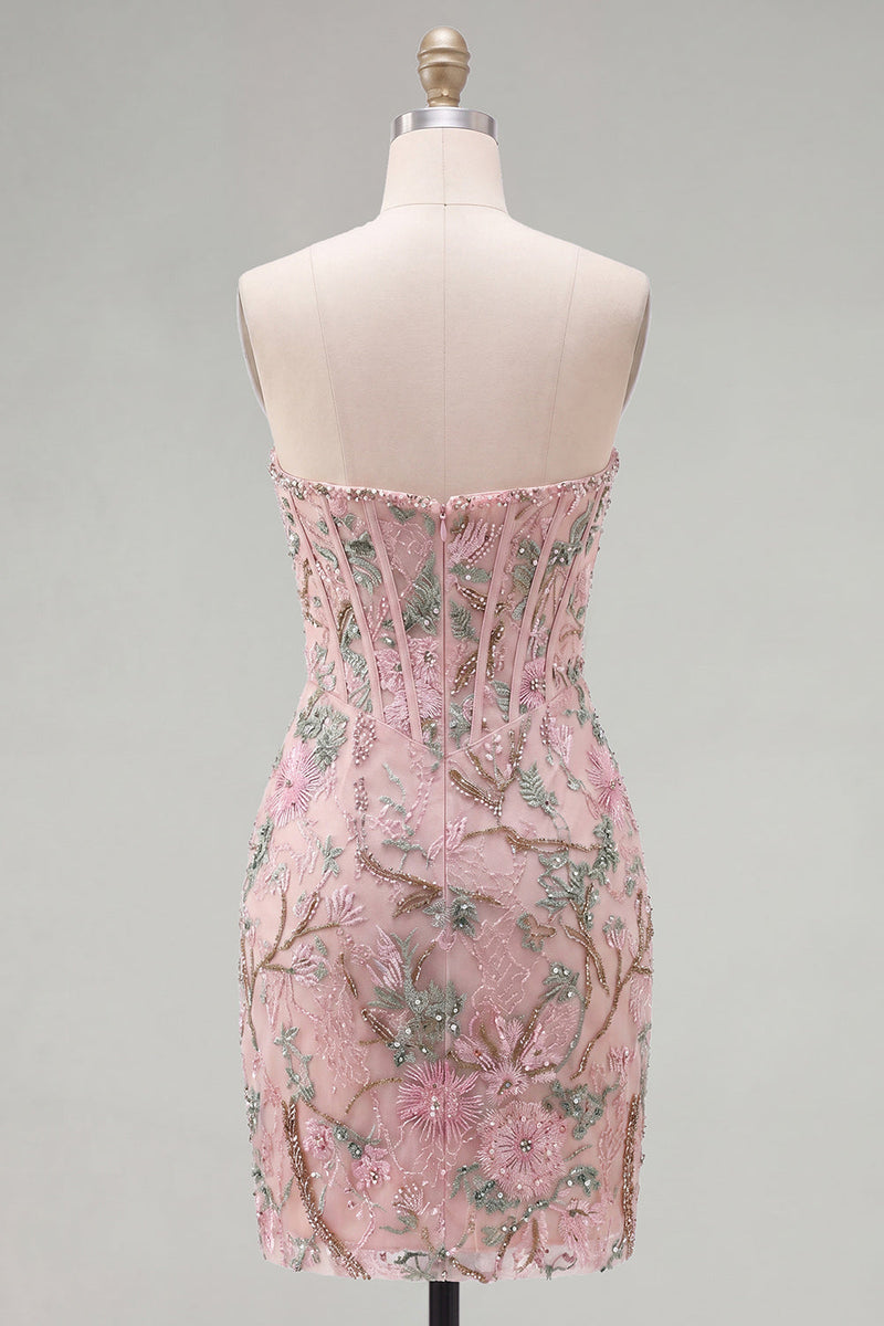 Load image into Gallery viewer, Corset Tight Short Sparkly Beaded Pink Floral Birthday Party Dress