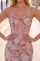Load image into Gallery viewer, Corset Tight Short Sparkly Beaded Pink Floral Birthday Party Dress