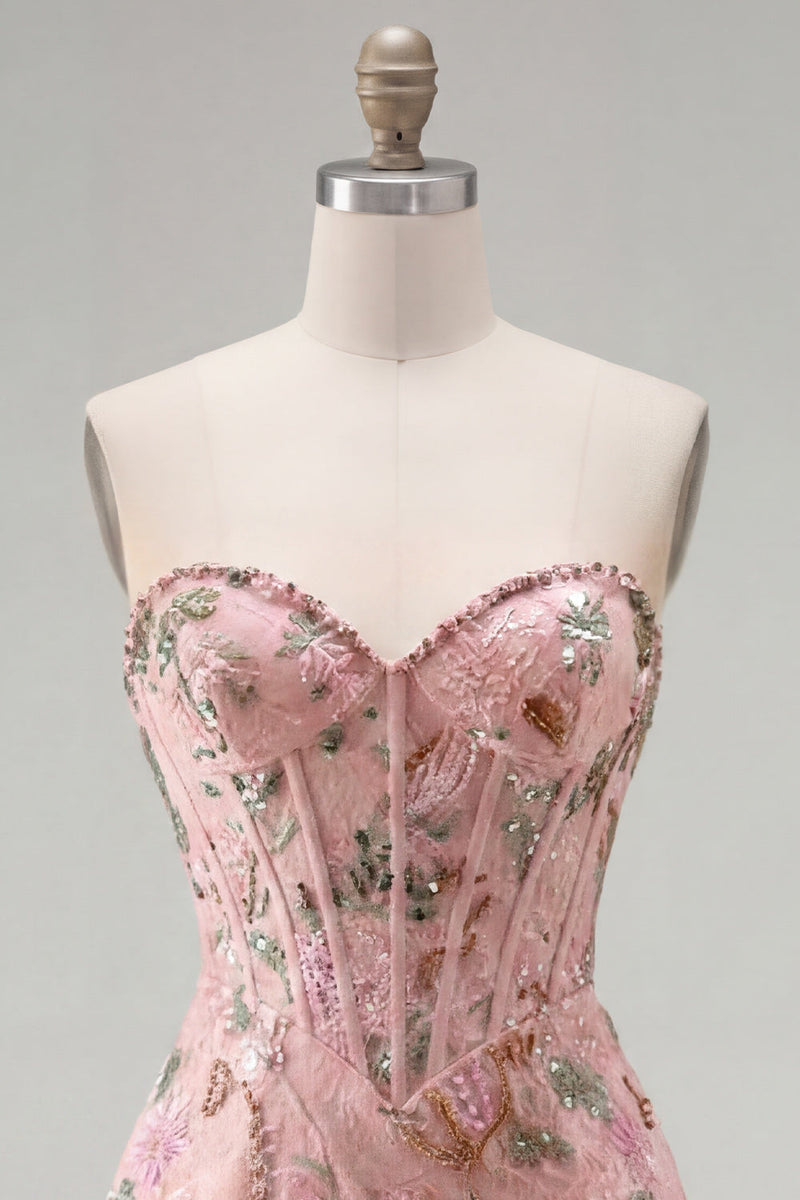 Load image into Gallery viewer, Corset Tight Short Sparkly Beaded Pink Floral Birthday Party Dress
