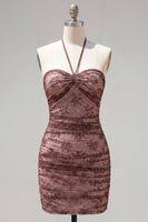 Load image into Gallery viewer, Chocolate Halter Ruched Tight Short Birthday Party Dress with Beading