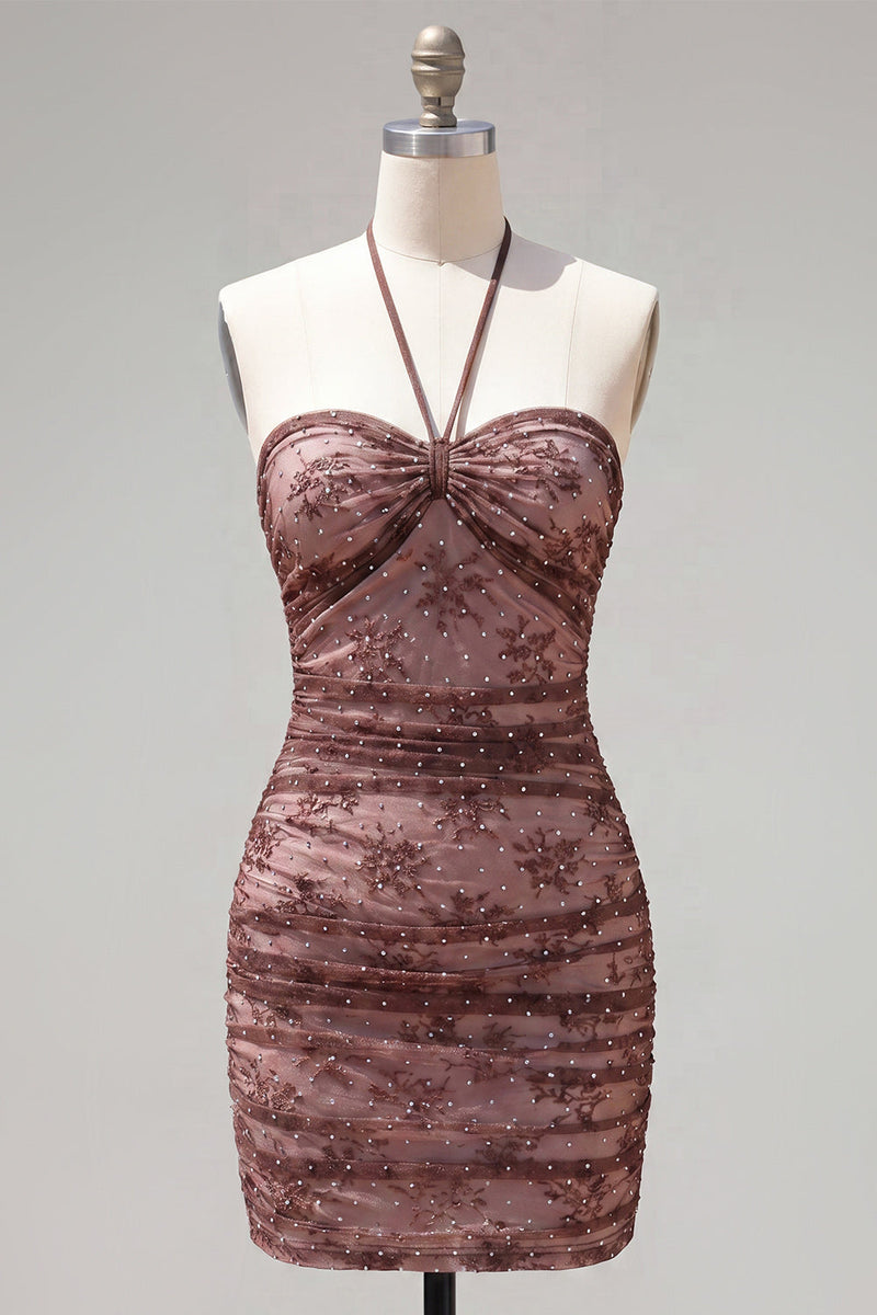 Load image into Gallery viewer, Chocolate Halter Ruched Tight Short Birthday Party Dress with Beading