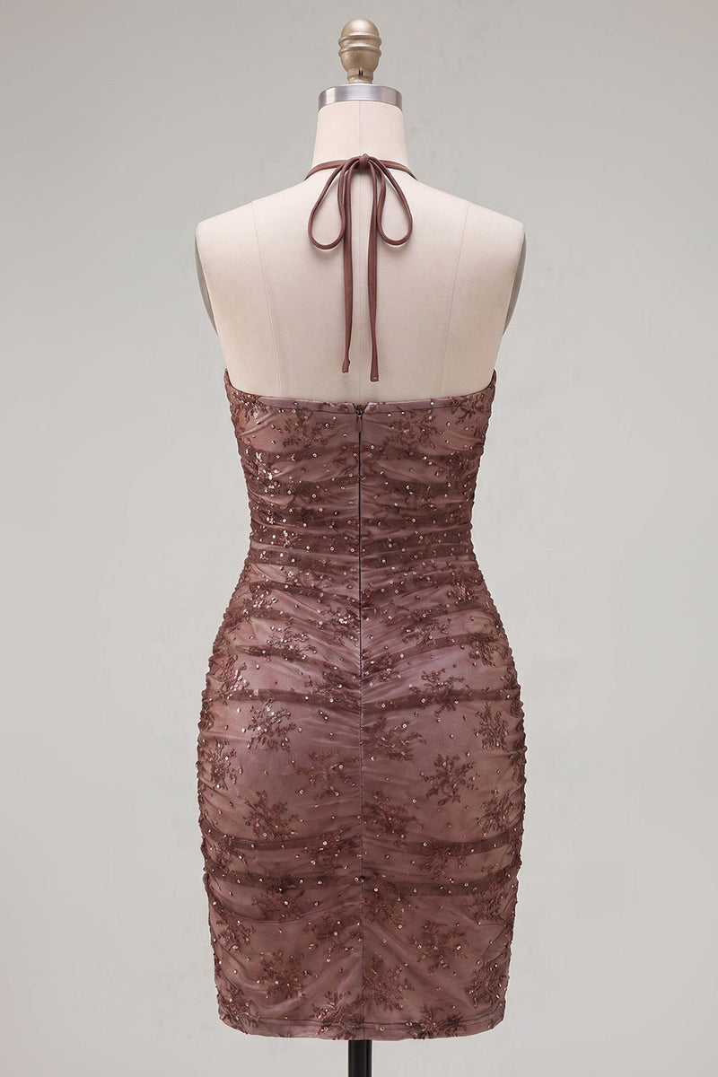 Load image into Gallery viewer, Chocolate Halter Ruched Tight Short Birthday Party Dress with Beading
