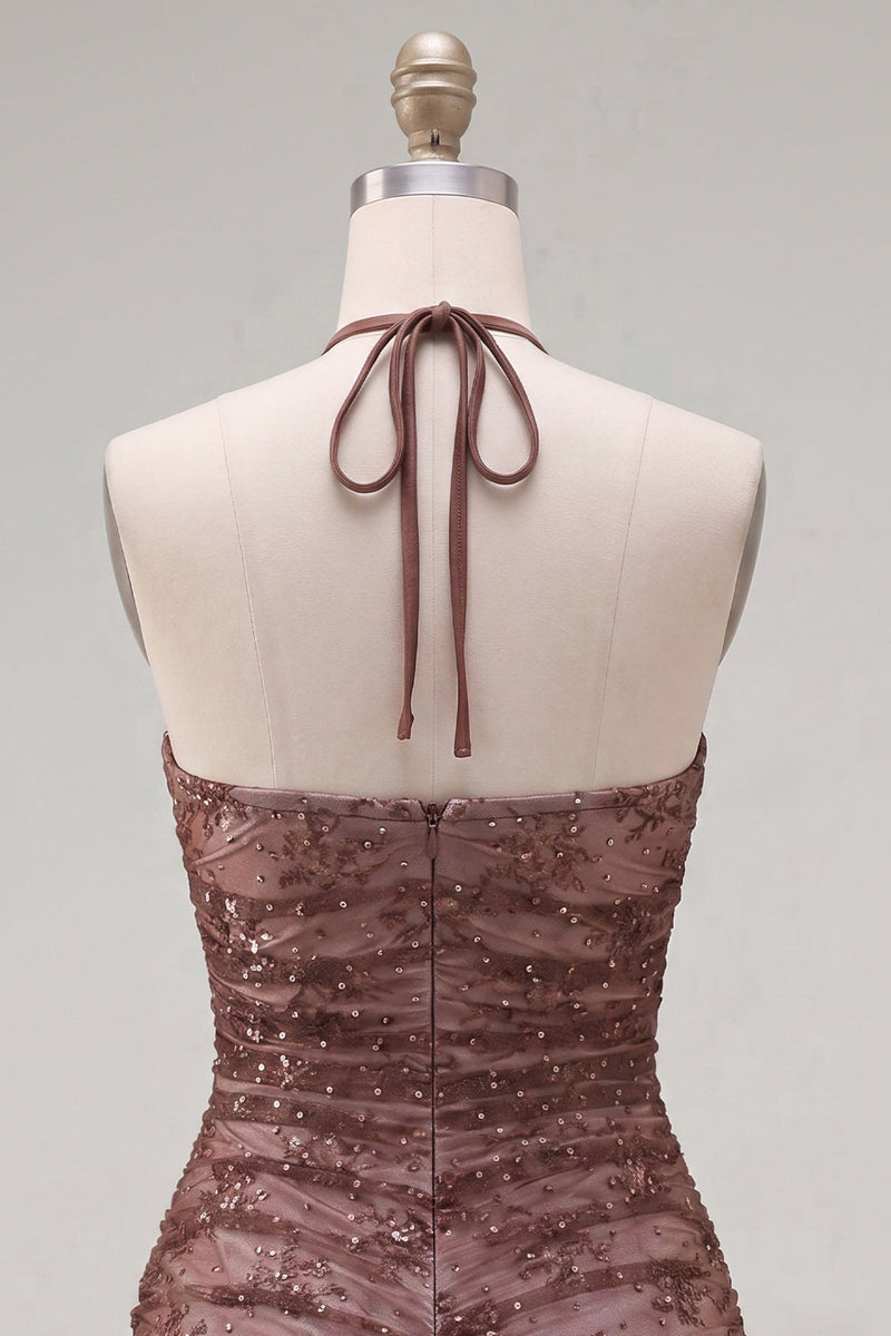 Load image into Gallery viewer, Chocolate Halter Ruched Tight Short Birthday Party Dress with Beading