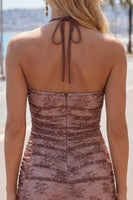 Load image into Gallery viewer, Chocolate Halter Ruched Tight Short Birthday Party Dress with Beading