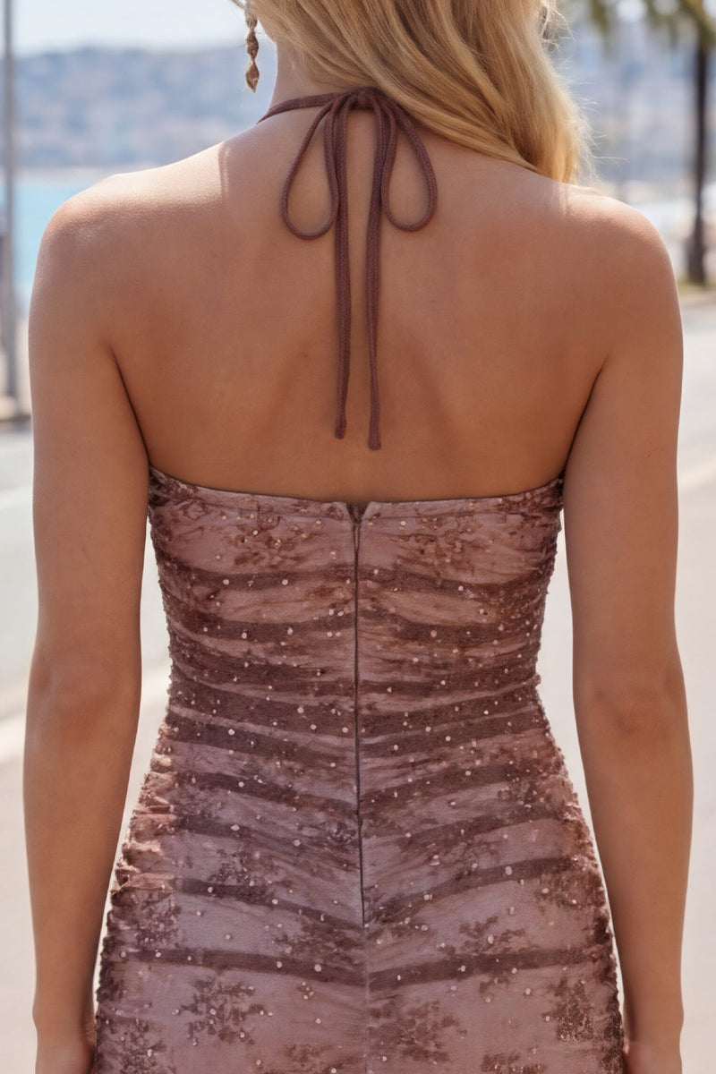 Load image into Gallery viewer, Chocolate Halter Ruched Tight Short Birthday Party Dress with Beading