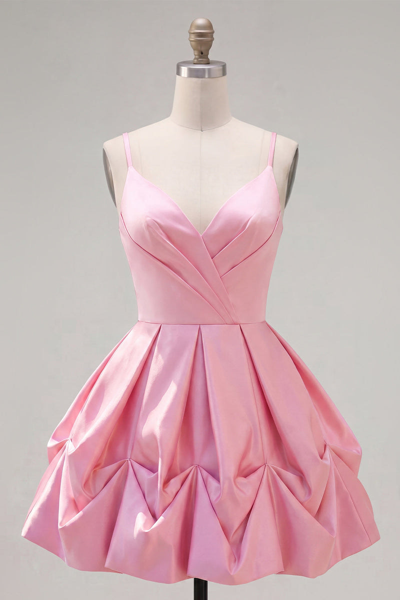 Load image into Gallery viewer, Pink Short Ruched Spaghetti Straps A Line Birthday Party Dress