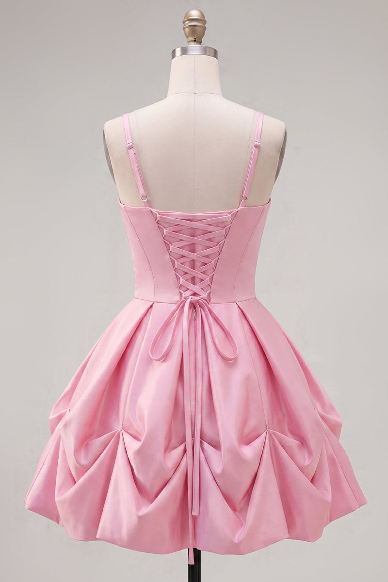 Load image into Gallery viewer, Pink Short Ruched Spaghetti Straps A Line Birthday Party Dress