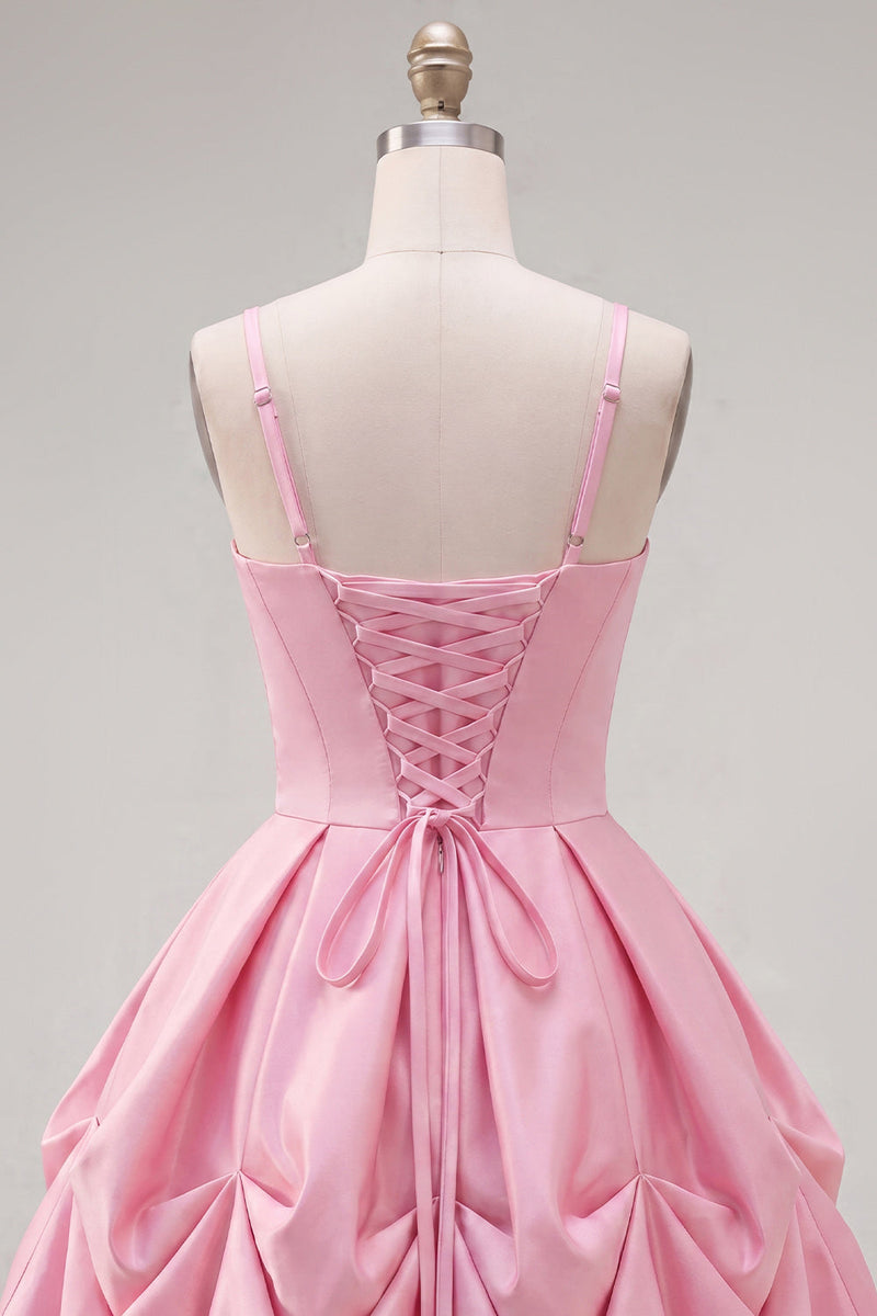 Load image into Gallery viewer, Pink Short Ruched Spaghetti Straps A Line Birthday Party Dress