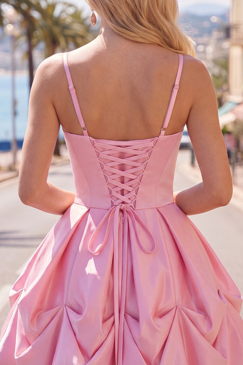 Load image into Gallery viewer, Pink Short Ruched Spaghetti Straps A Line Birthday Party Dress