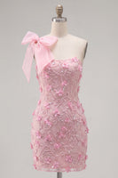 Load image into Gallery viewer, Floral Beaded Sparkly Pink Tight Short Birthday Party Dress with Bow