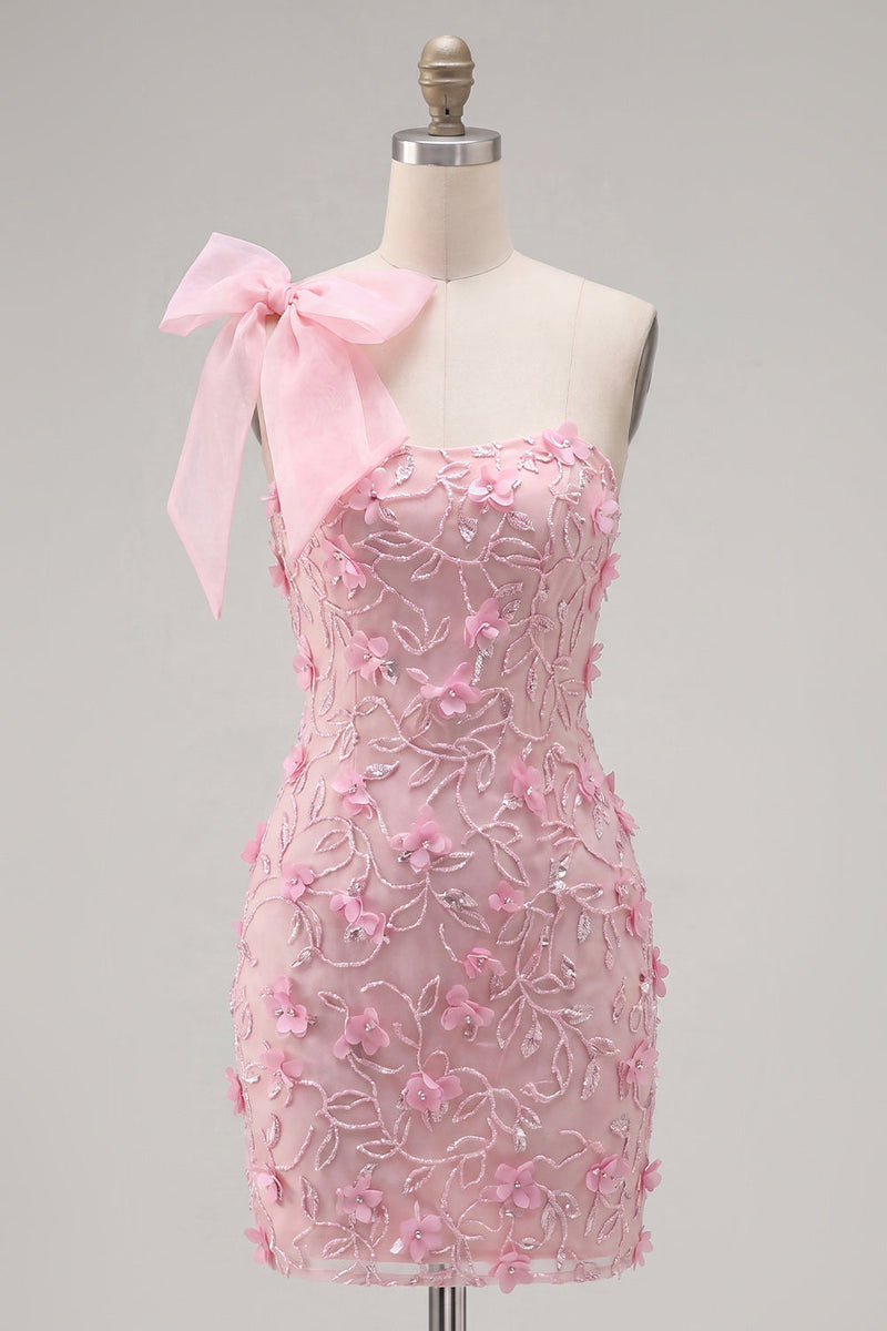 Load image into Gallery viewer, Floral Beaded Sparkly Pink Tight Short Birthday Party Dress with Bow