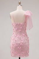Load image into Gallery viewer, Floral Beaded Sparkly Pink Tight Short Birthday Party Dress with Bow