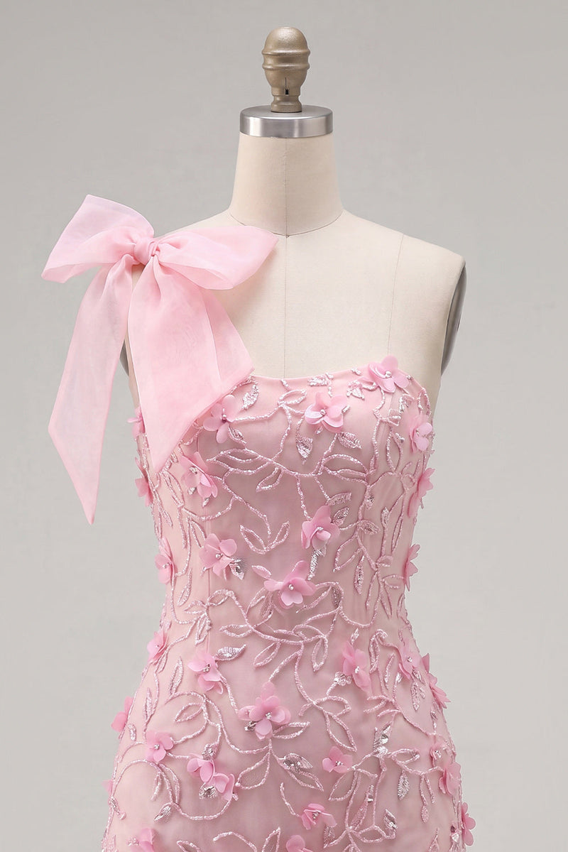 Load image into Gallery viewer, Floral Beaded Sparkly Pink Tight Short Birthday Party Dress with Bow