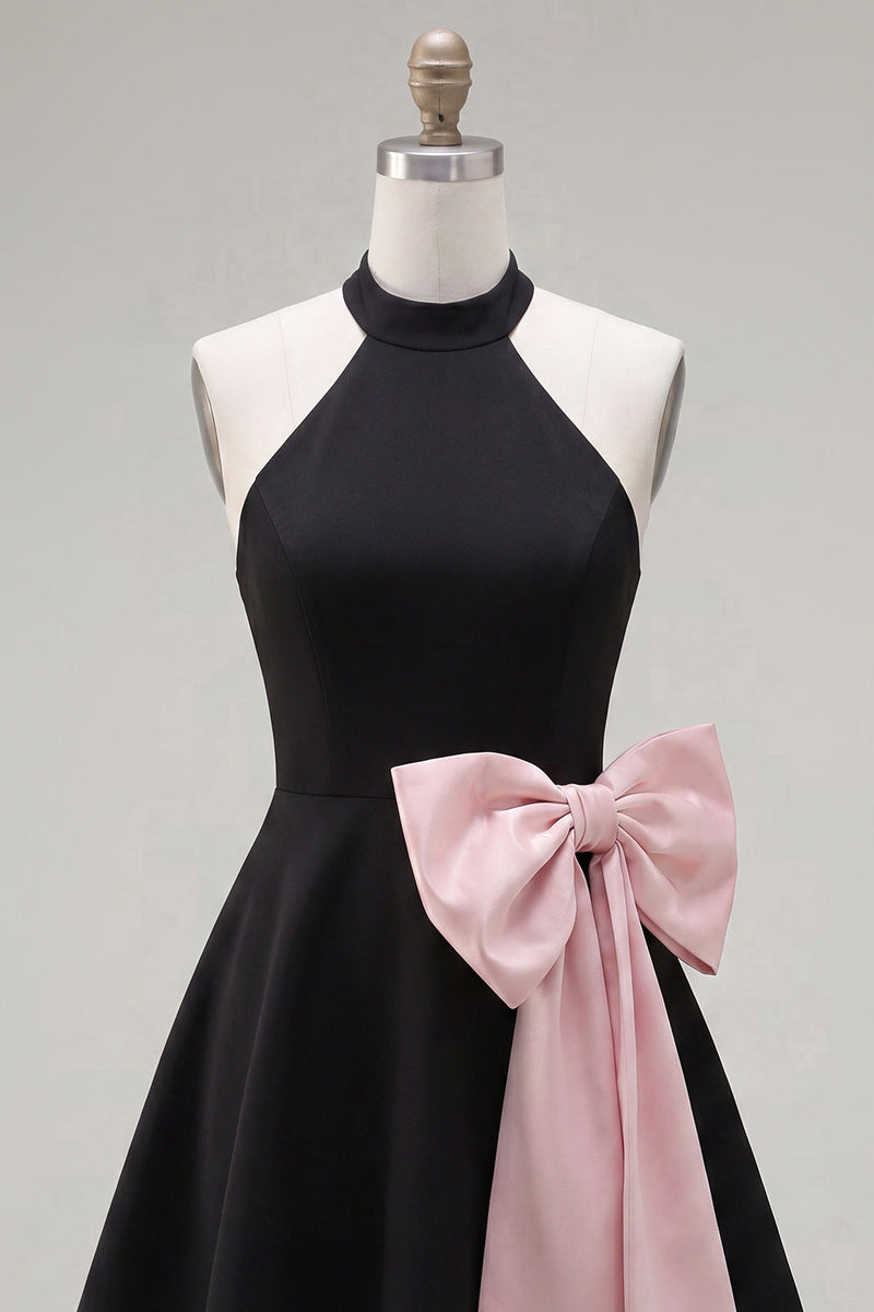 Load image into Gallery viewer, Black Pink A Line High Neck Short Birthday Party Dress with Bow