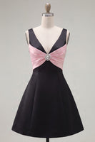Load image into Gallery viewer, Black Pink A Line V-Neck Short Birthday Party Dress with Beading