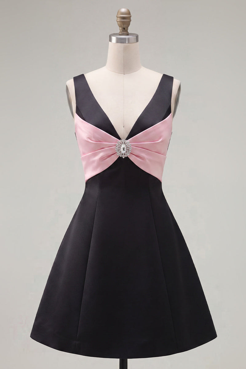 Load image into Gallery viewer, Black Pink A Line V-Neck Short Birthday Party Dress with Beading