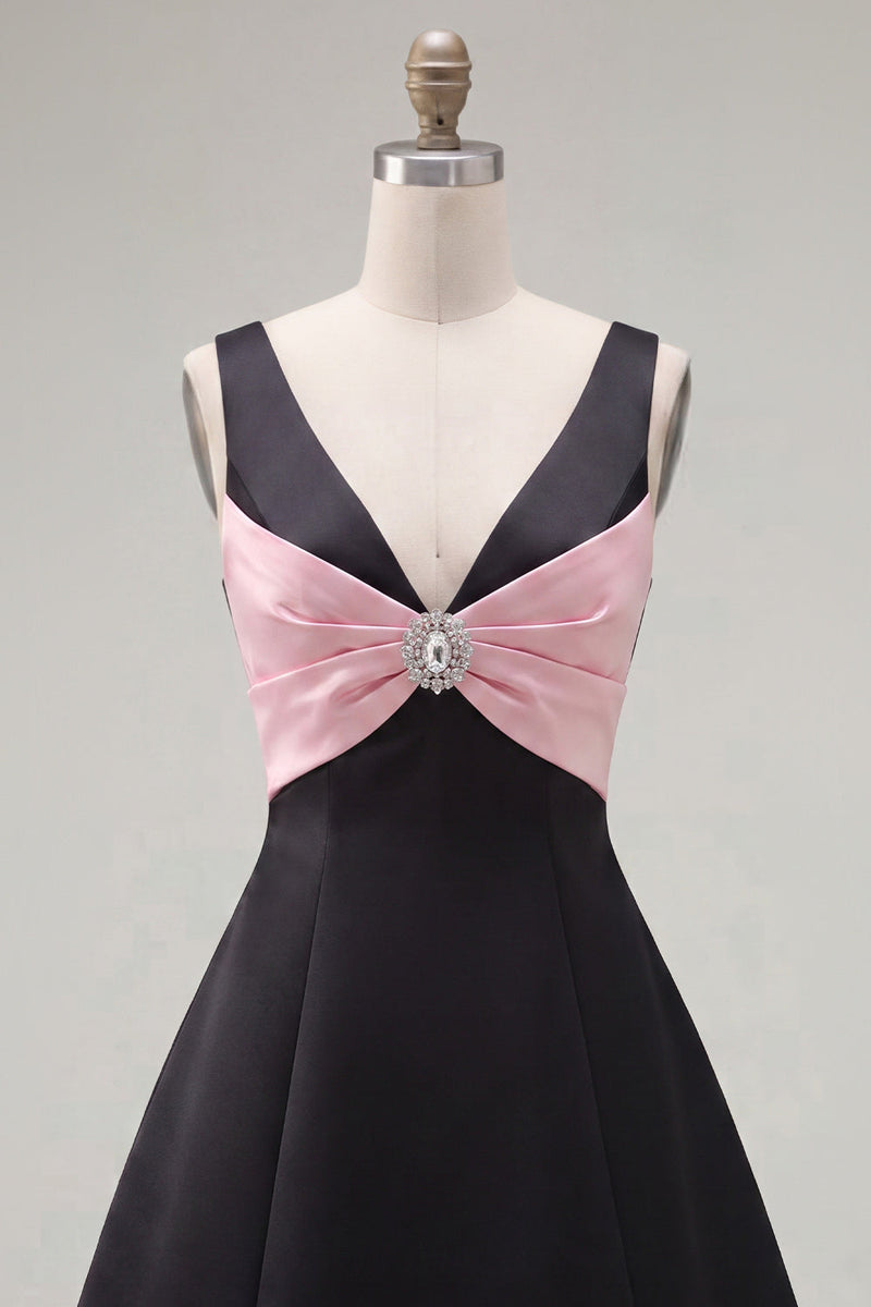 Load image into Gallery viewer, Black Pink A Line V-Neck Short Birthday Party Dress with Beading