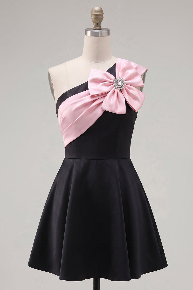 Load image into Gallery viewer, Black Pink A Line Short Beaded One Shoulder Birthday Party Dress with Bow