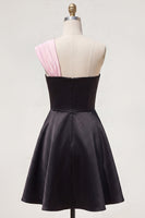 Load image into Gallery viewer, Black Pink A Line Short Beaded One Shoulder Birthday Party Dress with Bow