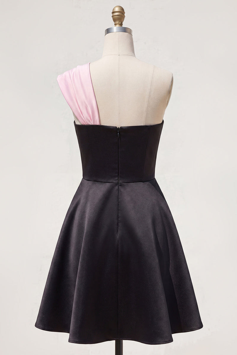 Load image into Gallery viewer, Black Pink A Line Short Beaded One Shoulder Birthday Party Dress with Bow