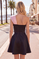 Load image into Gallery viewer, Black Pink A Line Short Beaded One Shoulder Birthday Party Dress with Bow