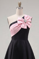Load image into Gallery viewer, Black Pink A Line Short Beaded One Shoulder Birthday Party Dress with Bow
