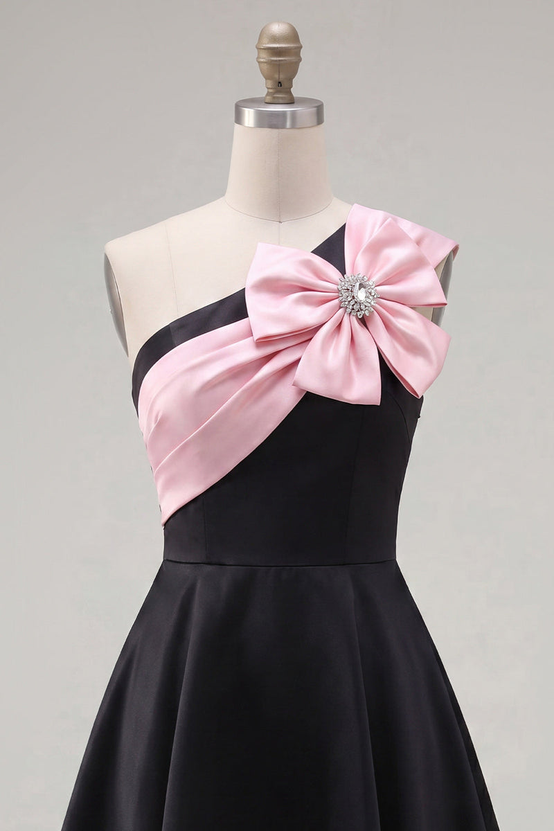 Load image into Gallery viewer, Black Pink A Line Short Beaded One Shoulder Birthday Party Dress with Bow