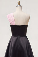 Load image into Gallery viewer, Black Pink A Line Short Beaded One Shoulder Birthday Party Dress with Bow
