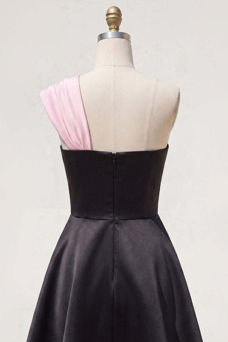Load image into Gallery viewer, Black Pink A Line Short Beaded One Shoulder Birthday Party Dress with Bow