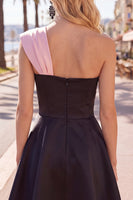 Load image into Gallery viewer, Black Pink A Line Short Beaded One Shoulder Birthday Party Dress with Bow