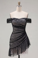 Load image into Gallery viewer, Black Tight Ruched Short Birthday Party Dress with Ruffles