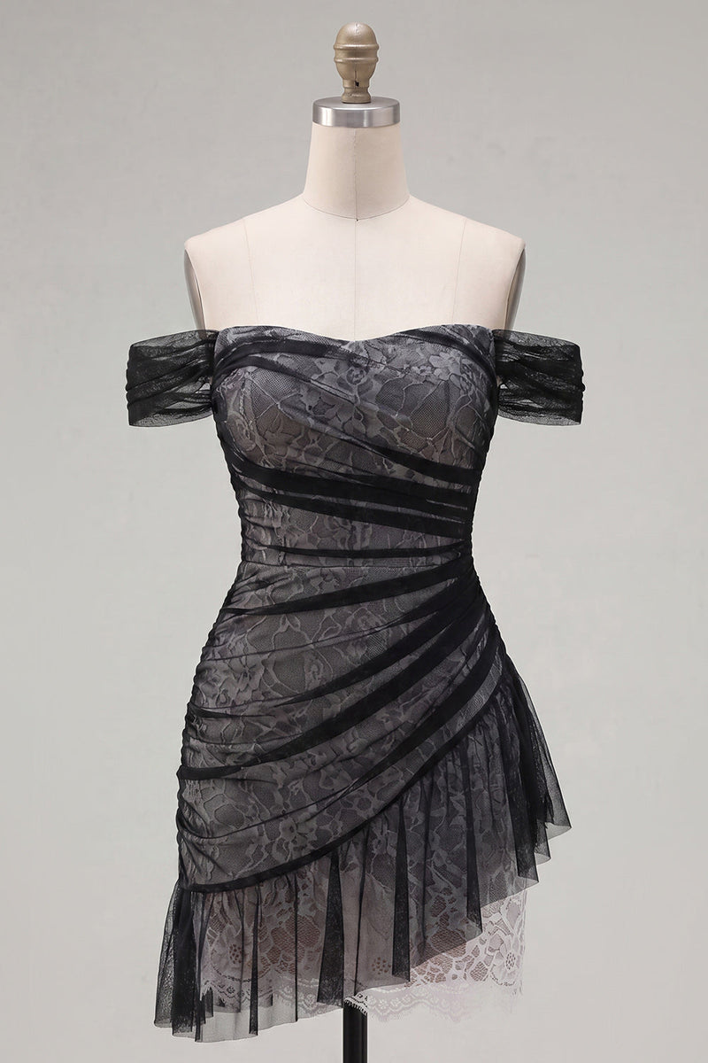 Load image into Gallery viewer, Black Tight Ruched Short Birthday Party Dress with Ruffles