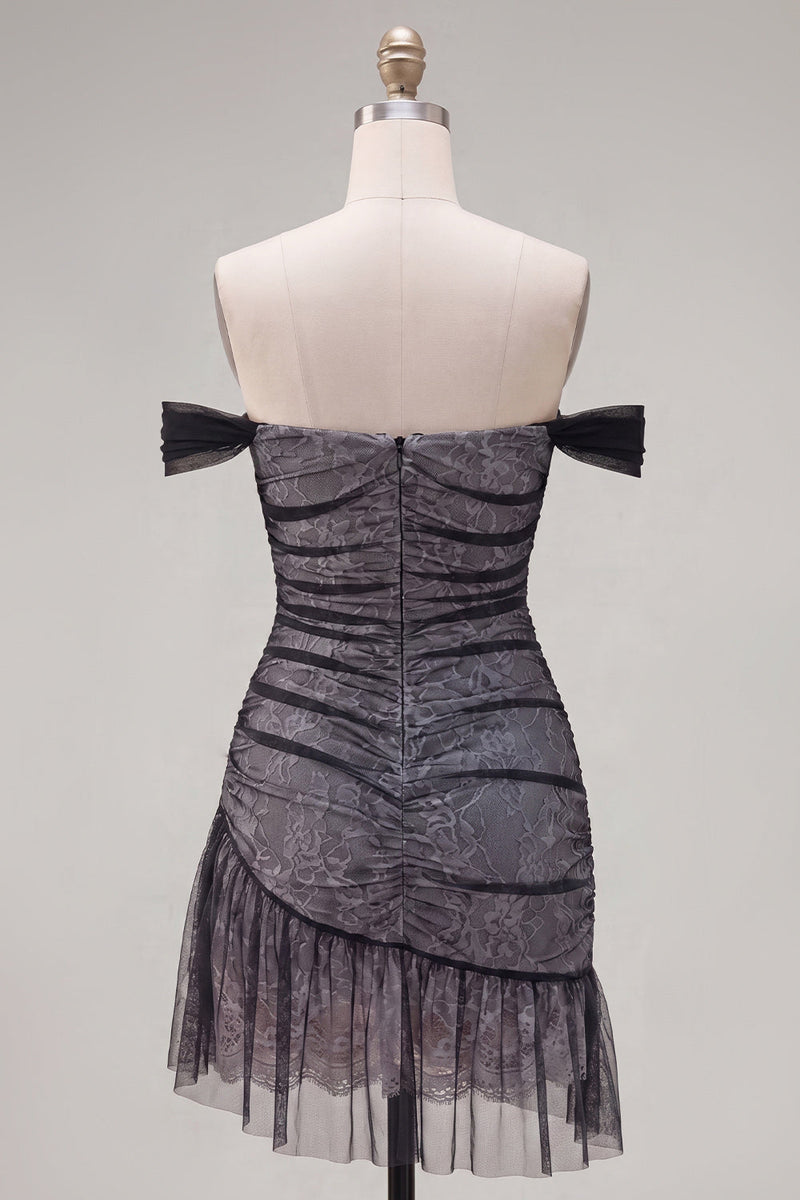 Load image into Gallery viewer, Black Tight Ruched Short Birthday Party Dress with Ruffles