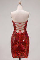 Load image into Gallery viewer, Sparkly Beaded Dark Red Strapless Tight Short Birthday Party Dress