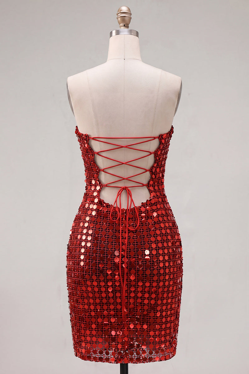 Load image into Gallery viewer, Sparkly Beaded Dark Red Strapless Tight Short Birthday Party Dress