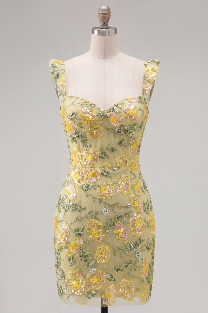 Load image into Gallery viewer, Sparkly Floral Yellow Tight Short Beaded Birthday Party Dress