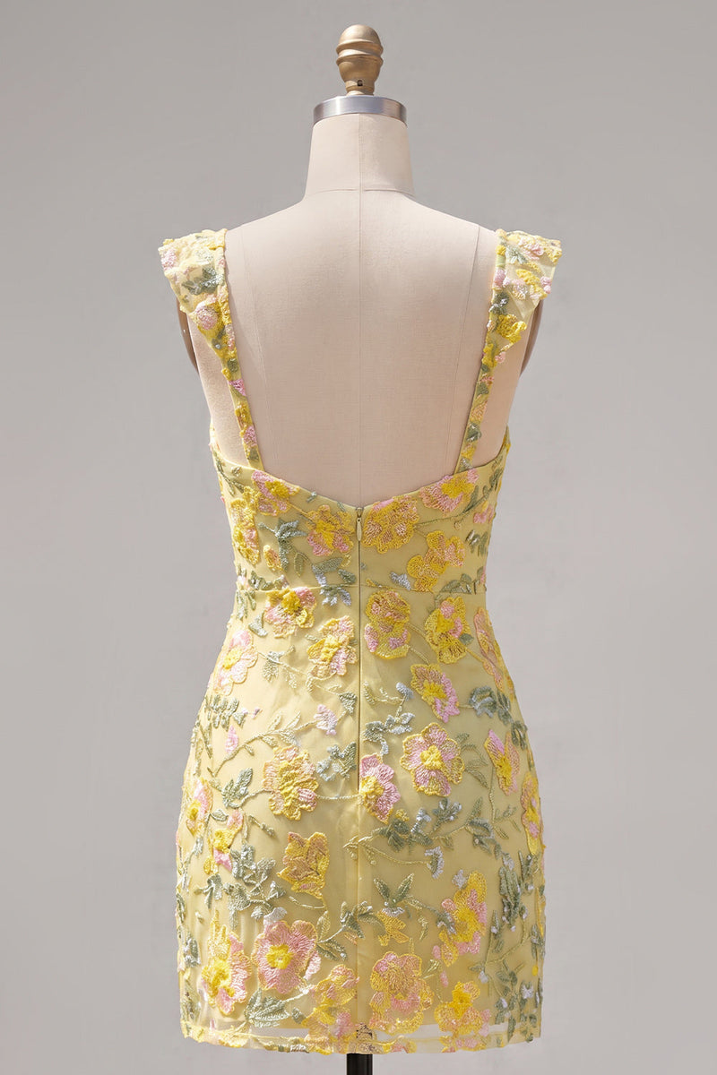 Load image into Gallery viewer, Sparkly Floral Yellow Tight Short Beaded Birthday Party Dress