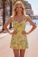 Load image into Gallery viewer, Sparkly Floral Yellow Tight Short Beaded Birthday Party Dress