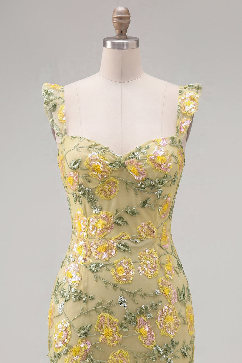 Load image into Gallery viewer, Sparkly Floral Yellow Tight Short Beaded Birthday Party Dress