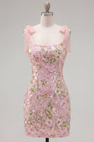 Load image into Gallery viewer, Tight Sparkly Short Beaded Pink Floral Birthday Party Dress with Bows
